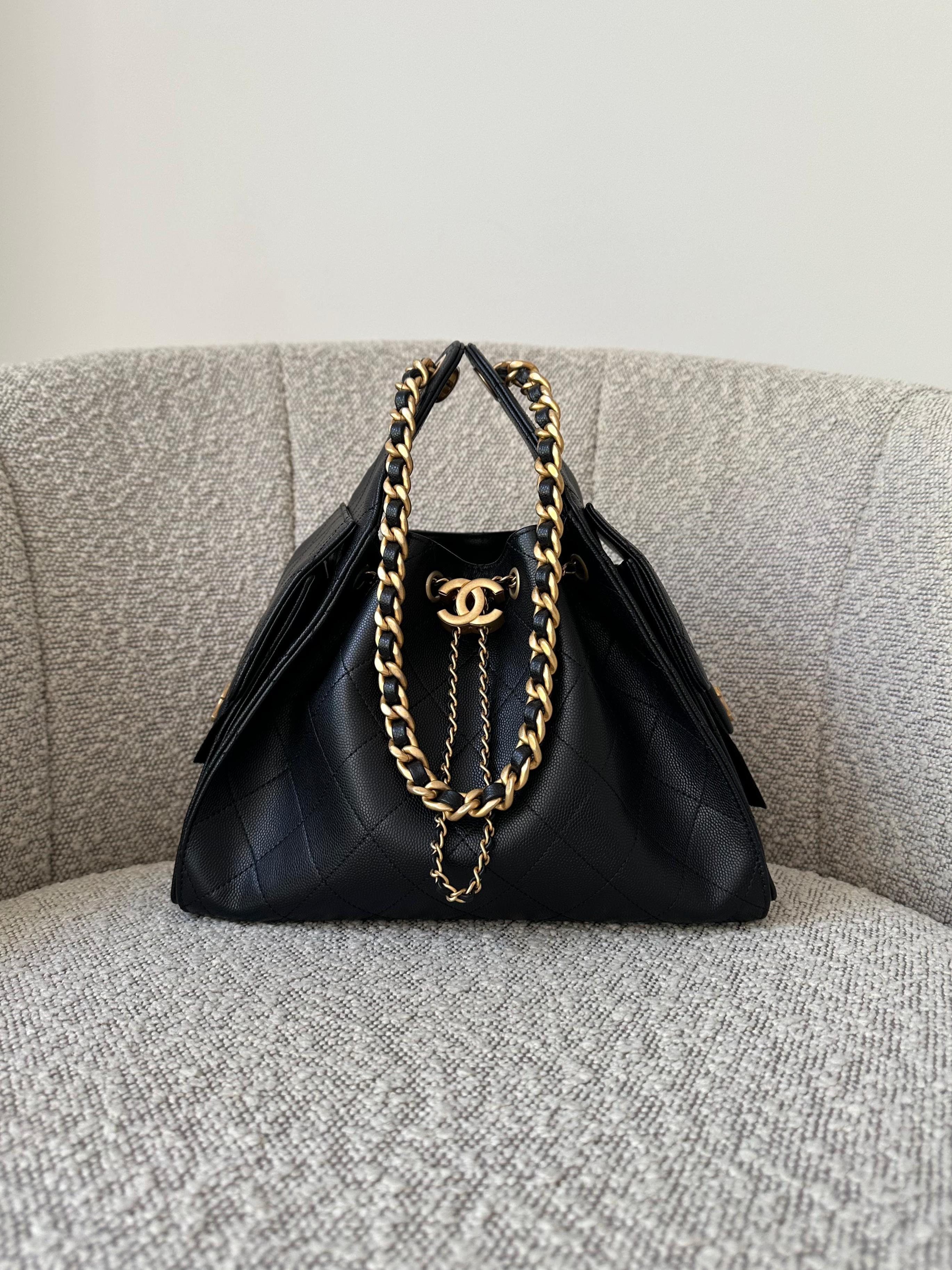 Chanel 25 Small Handbag Hobo Grained Calfskin & Gold Tone Metal Black